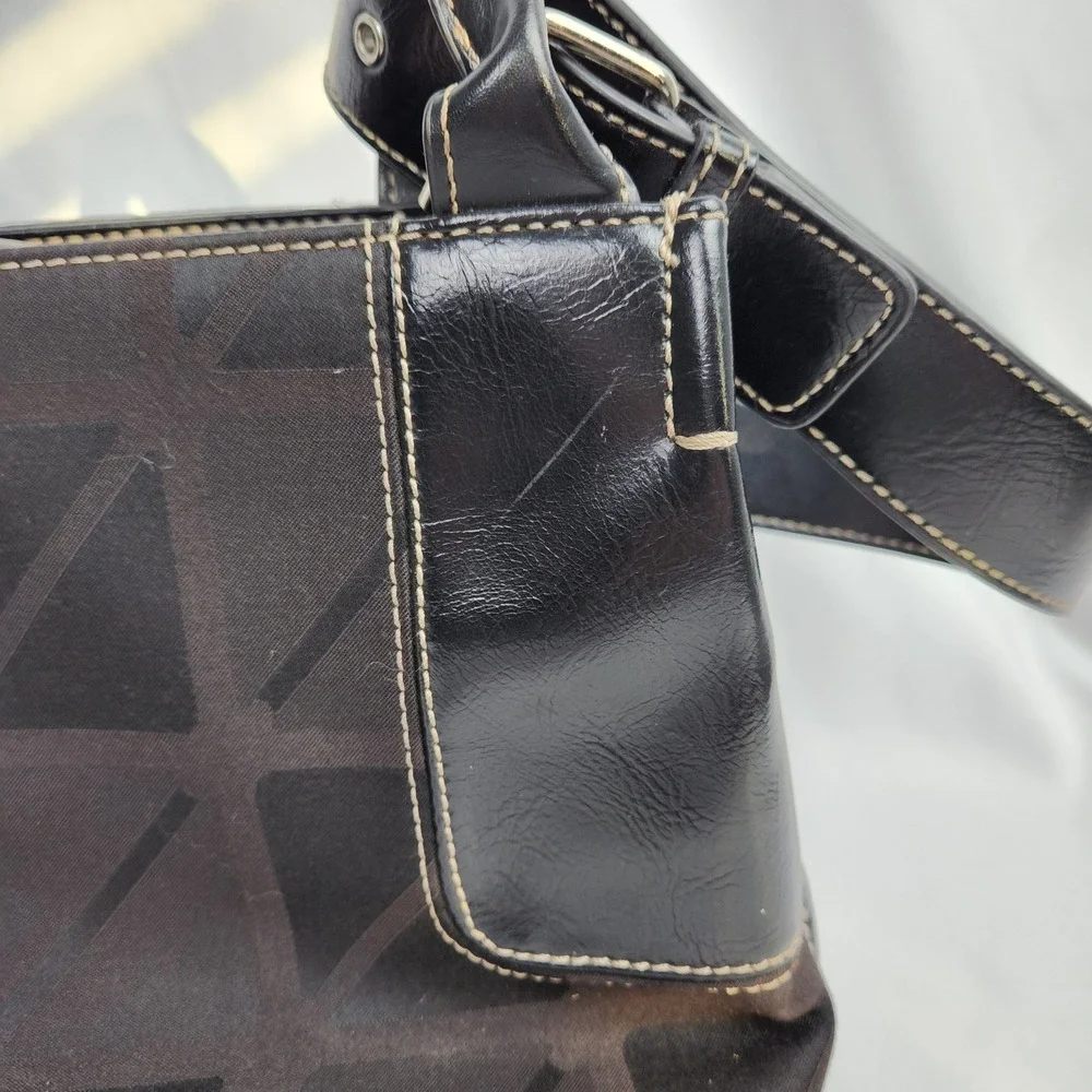 NINE & CO Black & Dark Brown Shoulderbag Print Cotton Faux Leather‎ tote buckle